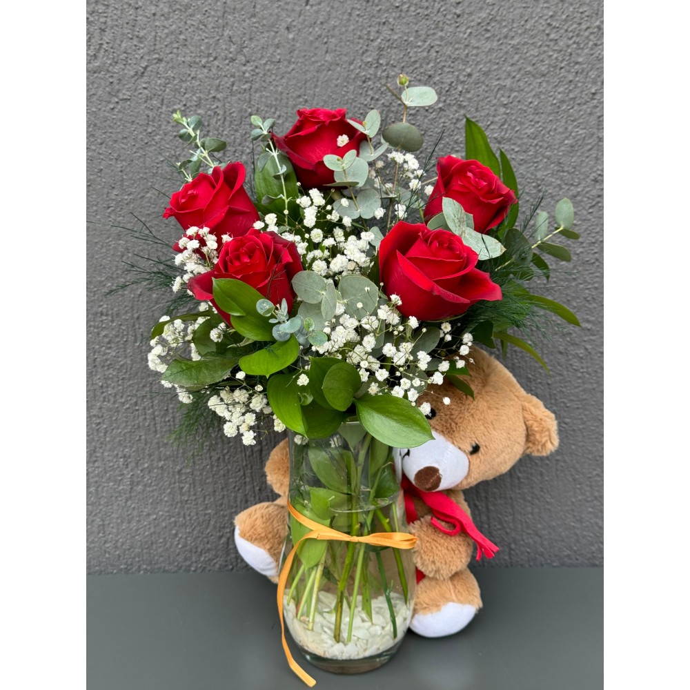 PAŞABAHÇE VAZODA 5'LI KIRMIZI GÜL VE AYICIK